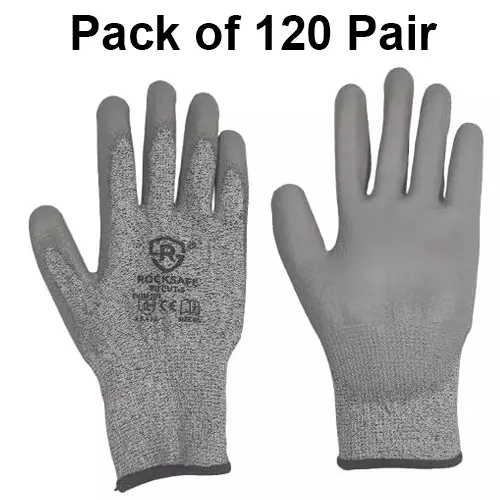 ROCKSAFE Cut-Resistant Gloves PU Coated Polyester Level 5 Grey Free Size (Pack of 120 Pairs)