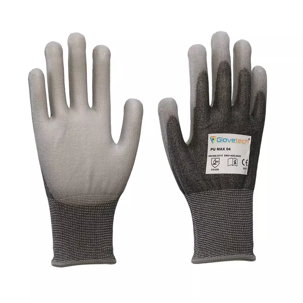 Glovetech Cut Resistant Gloves PU Coated Light & Dark Gray XXL Size, PU MAX 04 (Pack of 180 Pair)