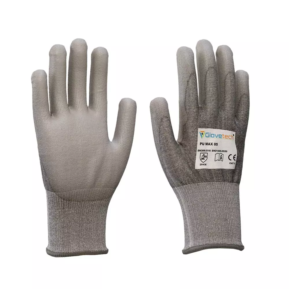 Glovetech Cut Resistant Gloves PU Coated Light Gray Medium Size, PU MAX 05 (Pack of 180 Pair)