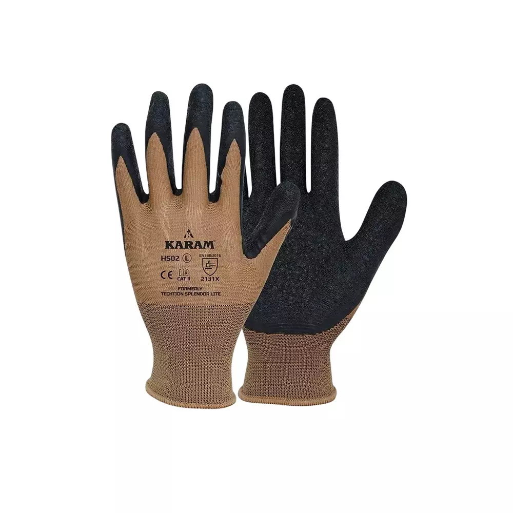 Karam Safety Gloves Polyester Liner with Natural Latex Coating Brown Color M Size for Hand Safety, HS02 (Pack of 12 Pair)