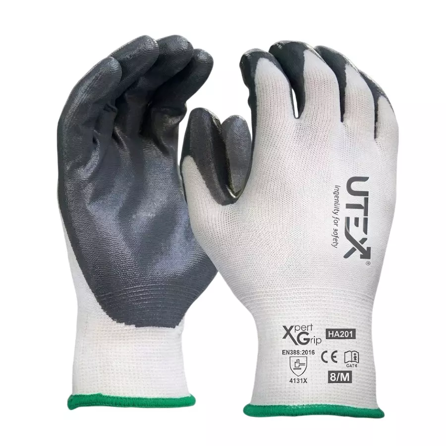 UTEX Xpert Grip Safety Hand Gloves White & Grey L Size Nitrile for Industrial Use, HA201 (Pack of 24 Pair)