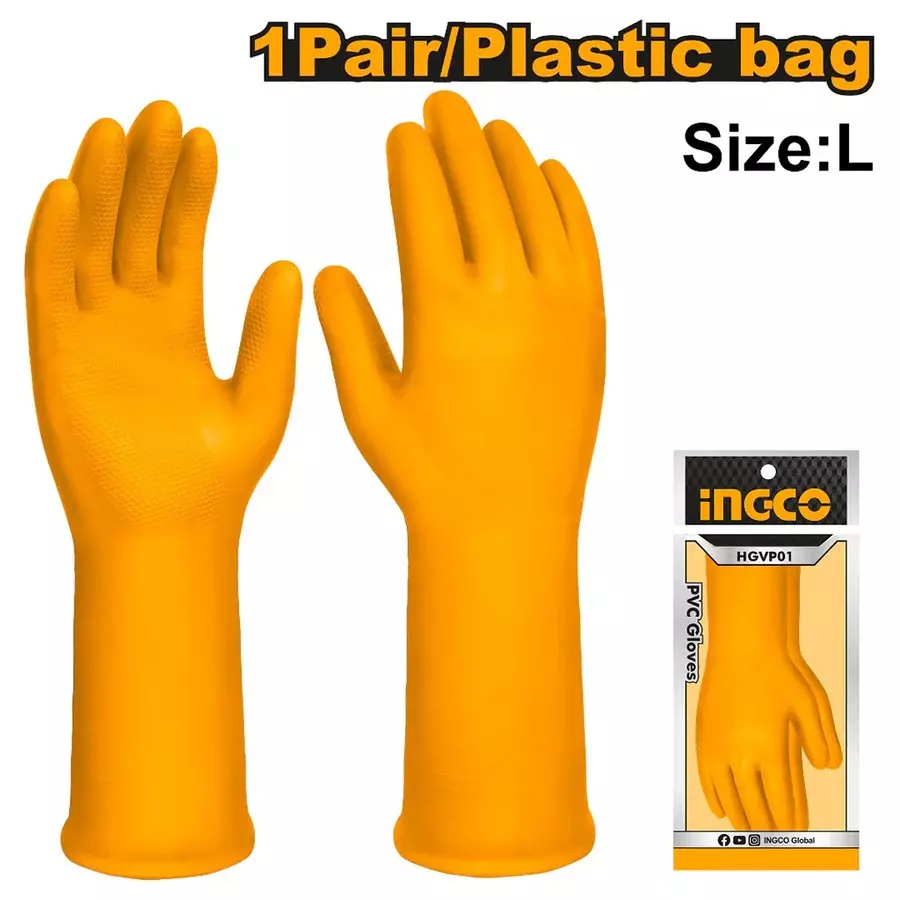 Ingco PVC Safety Gloves Size Large, Length 32 cm for Gardener, Cleaner, And Other General Tasks, HGVP01 (Pair of 1)