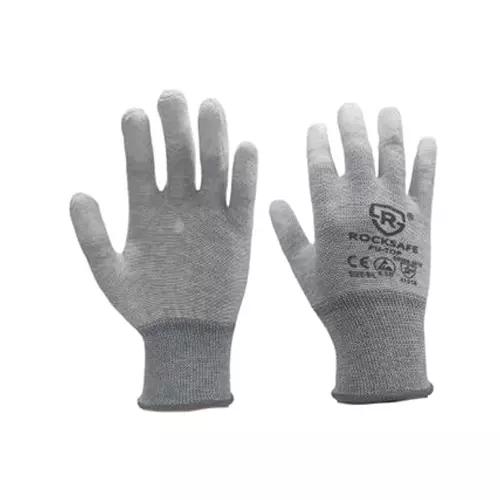 ROCKSAFE ESD Hand Gloves Anti Static Polyester PU-Coated Fingertips White & Grey Free Size (Pack of 48 Pairs)