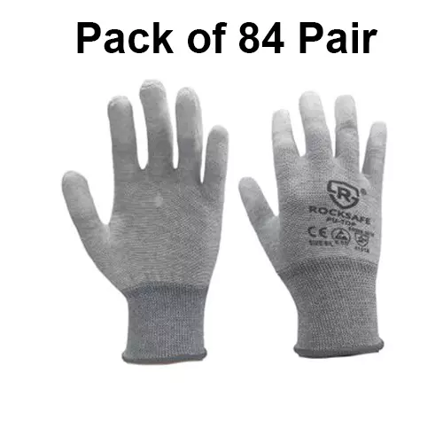 ROCKSAFE ESD Hand Gloves Anti Static Polyester PU-Coated Fingertips White & Grey Free Size (Pack of 84 Pairs)