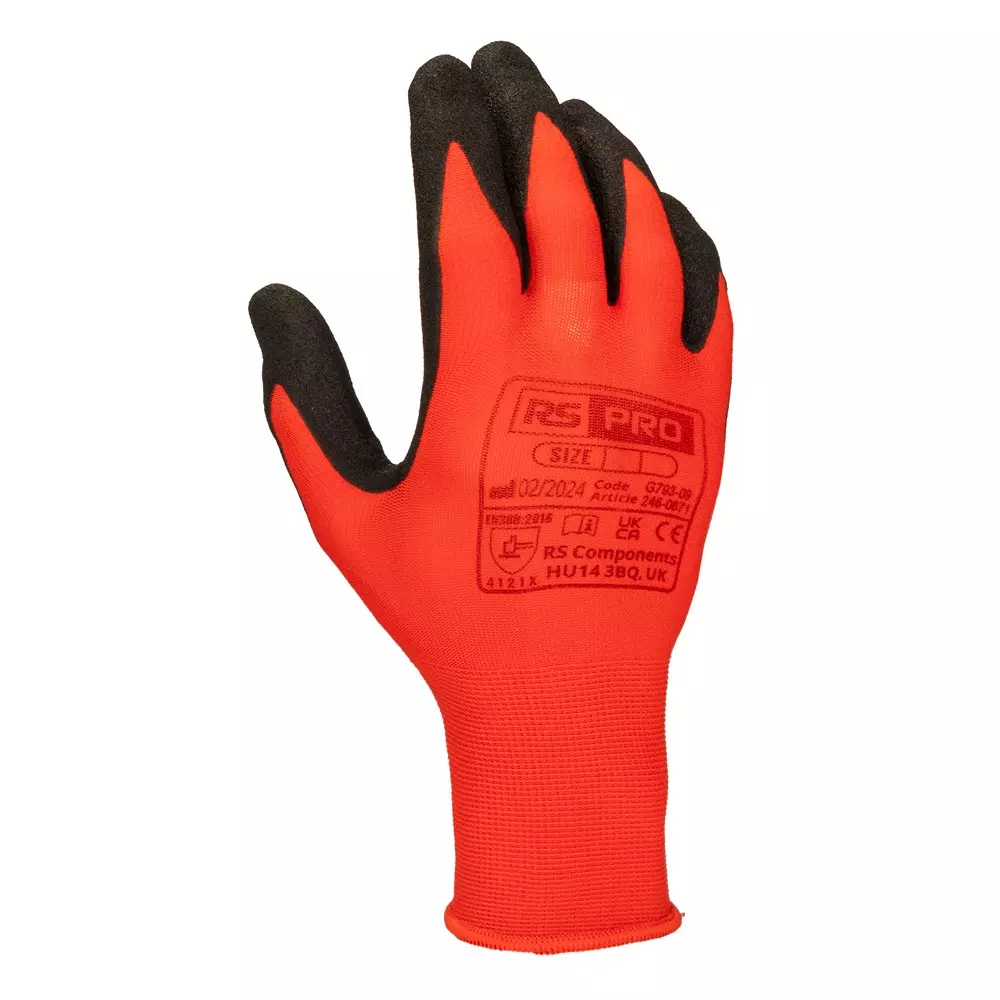 RS PRO Glove Nylon 10 24 Gloves Black/Red Nitrile Abrasion Resistant, Cut Resistant, Puncture, 2460872 (Pack of 12)