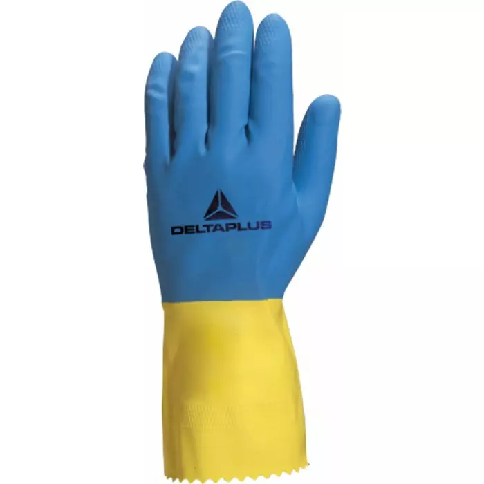 Delta Plus Blue Yellow Chemical Resistant Work Gloves Size 9/10 Latex Coating, VE330BJ09 (Pack of 12 Pair)