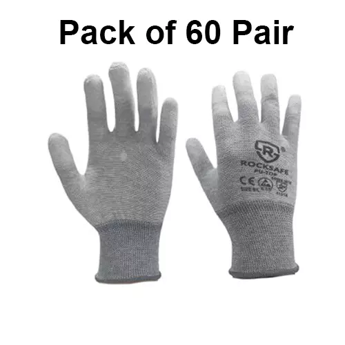 ROCKSAFE ESD Hand Gloves Anti Static Polyester PU-Coated Fingertips White & Grey Free Size (Pack of 60 Pairs)