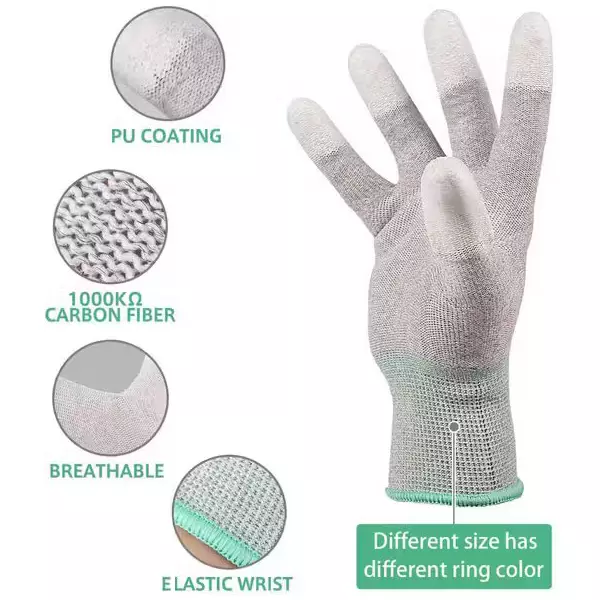GLOBALSS Top Fit ESD Gloves Polyester Yarn 80% and Carbon Fiber 20% Grey Full Fingered Large