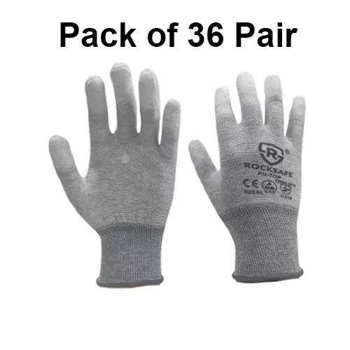 ROCKSAFE ESD Hand Gloves Anti Static Polyester PU-Coated Fingertips White & Grey Free Size (Pack of 36 Pairs)