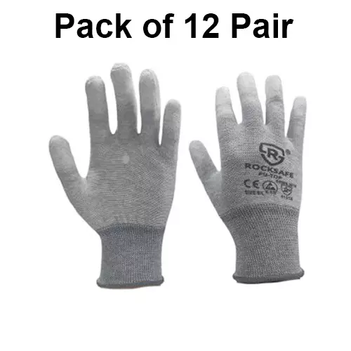 ROCKSAFE ESD Hand Gloves Anti Static Polyester PU-Coated Fingertips White & Grey Free Size (Pack of 12 Pairs)