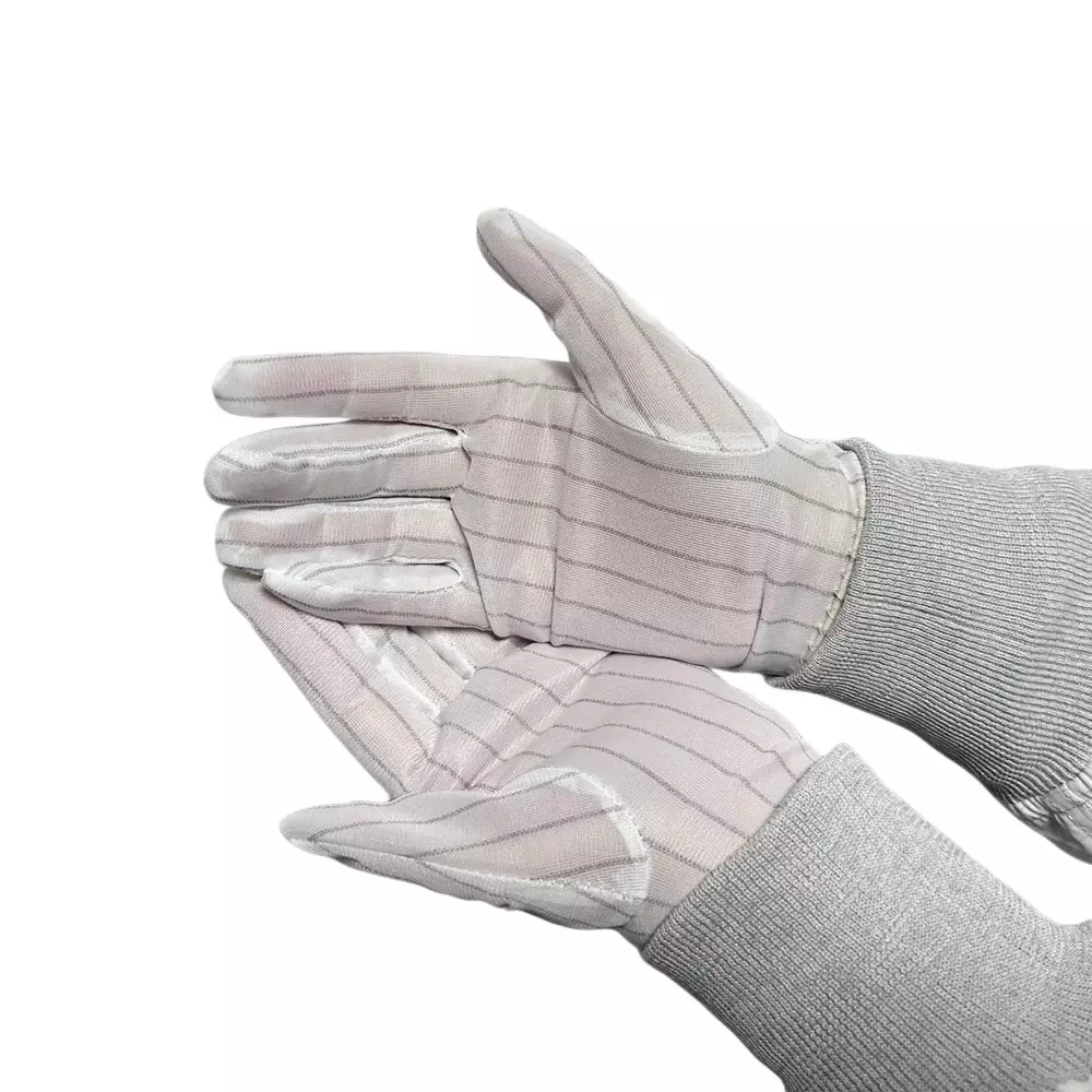 GLOBALSS Both Side Line ESD Gloves Non-Allergenic Polyester Fabric White Full Fingered Medium