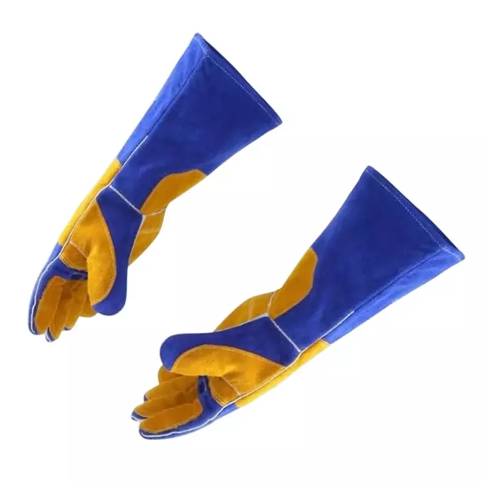 HANMECH Multi-Purpose Leather Gloves Welding & Animal Handling Blue & Yellow Size 14 inch (Pack of 5)