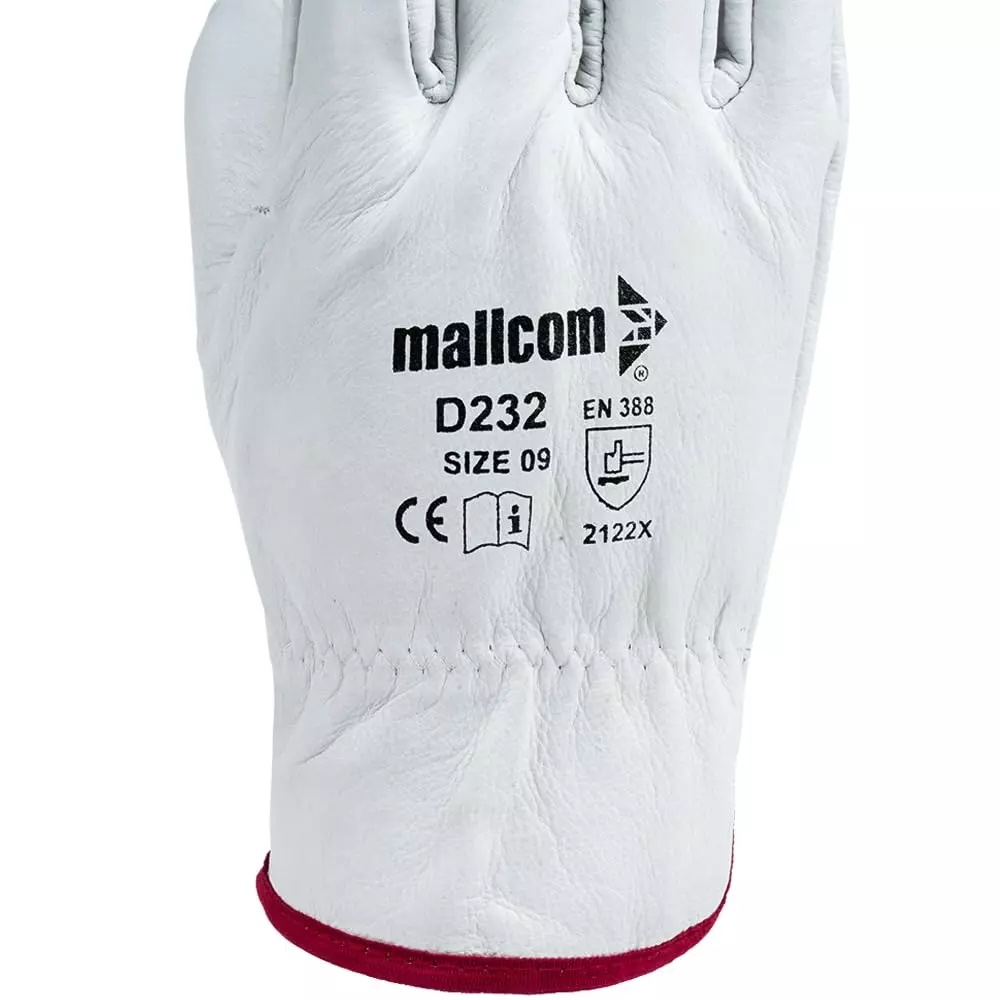 Mallcom Safety Hand Gloves Natural Grain Leather White Size L, D232