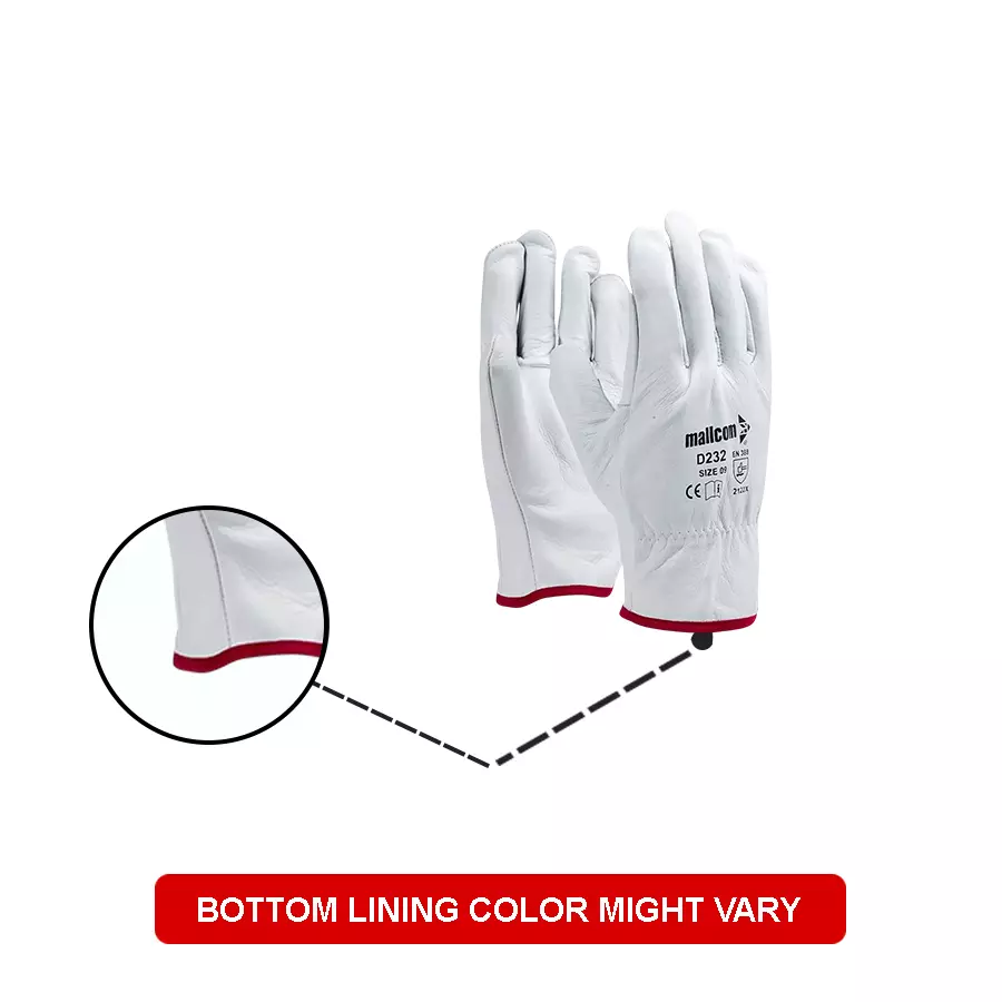 Mallcom Safety Hand Gloves Natural Grain Leather White Size L, D232