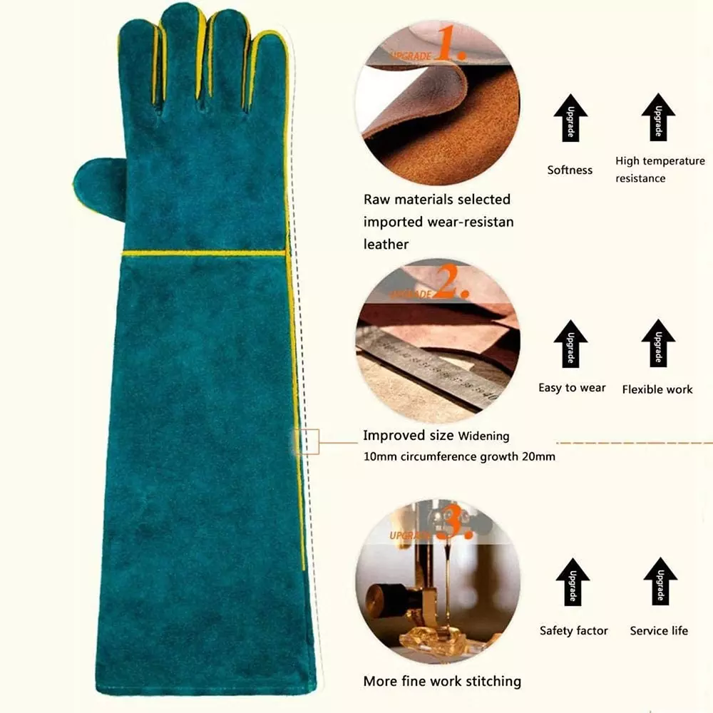 EFFICACY Animal Handling Gloves 60 cm Green Leather Bite Resistant, Scratch Resistant