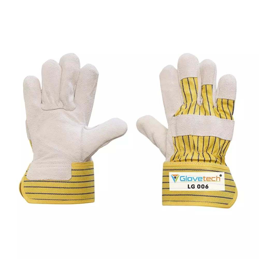 Glovetech Economy Canadian Rigger Gloves With Split Leather Palm Rubberized 7 cm Cuff Size M White and Yellow, LG 006 (Pack of 144 Pair)