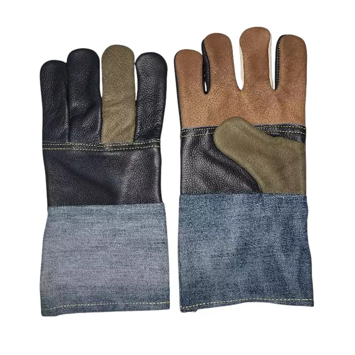 HANMECH Leather Denim Gloves Double Palm Assorted Color Size 10 inch (Pack of 5)