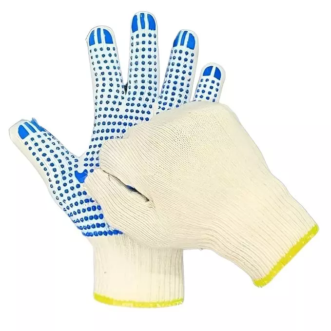 Swavind Safety Hand Gloves White Cotton with PVC Dotted Palm Free Size