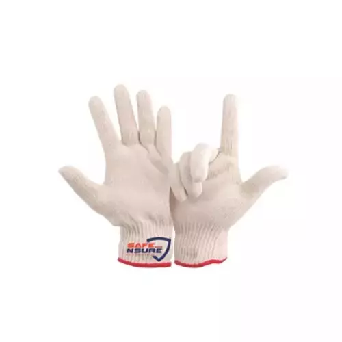 Safe N Sure Cotton Knitted Hand Gloves 254 mm (10 inch) Knitted Pattern Full Fingered White, SKG 20 (Pack of 12 Pair)