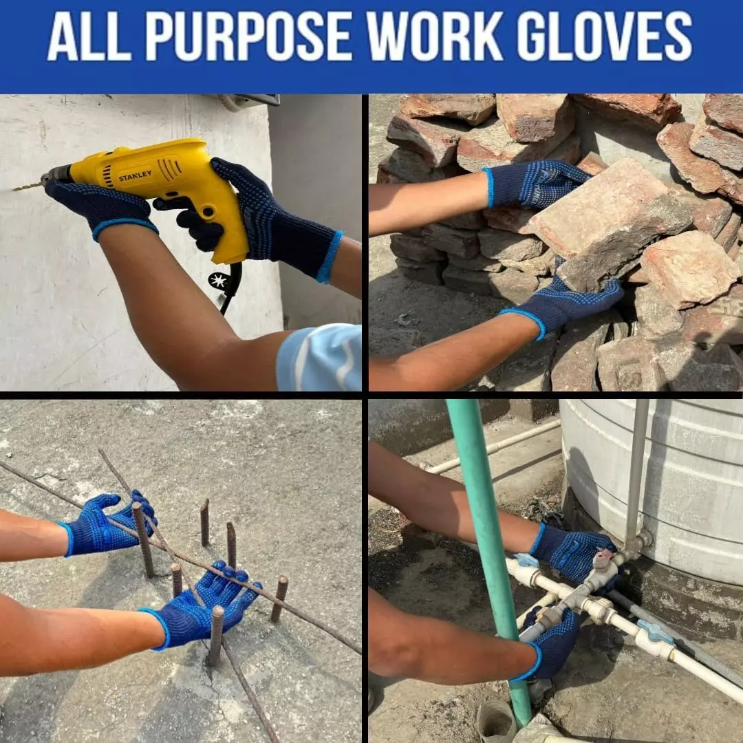 Swavind Safety Hand Gloves Blue Cotton Fabric with PVC Dotted Palm Free Size (Pack of 12 Pair)