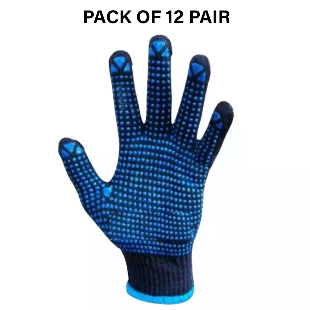 Swavind Safety Hand Gloves Blue Cotton Fabric with PVC Dotted Palm Free Size (Pack of 12 Pair)