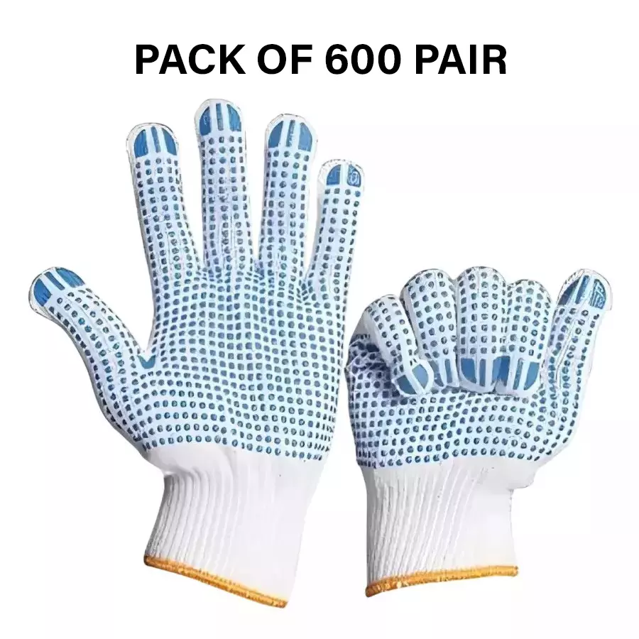 Swavind Safety Hand Gloves White Cotton with PVC Dotted Palm Free Size (Pack of 600 Pair)