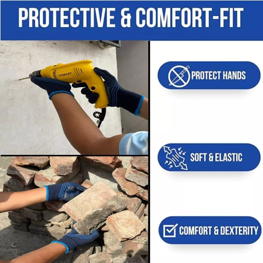 Swavind Safety Hand Gloves Blue Cotton Fabric with PVC Dotted Palm Free Size (Pack of 600 Pair)