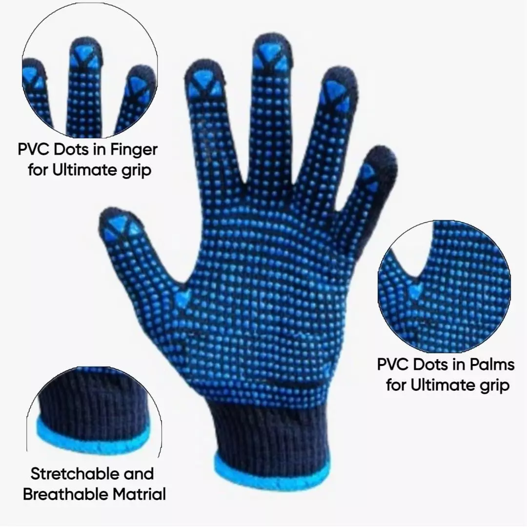 Swavind Safety Hand Gloves Blue Cotton Fabric with PVC Dotted Palm Free Size (Pack of 600 Pair)