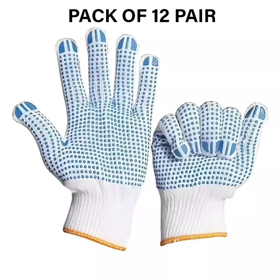 Swavind Safety Hand Gloves White Cotton with PVC Dotted Palm Free Size (Pack of 12 Pair)