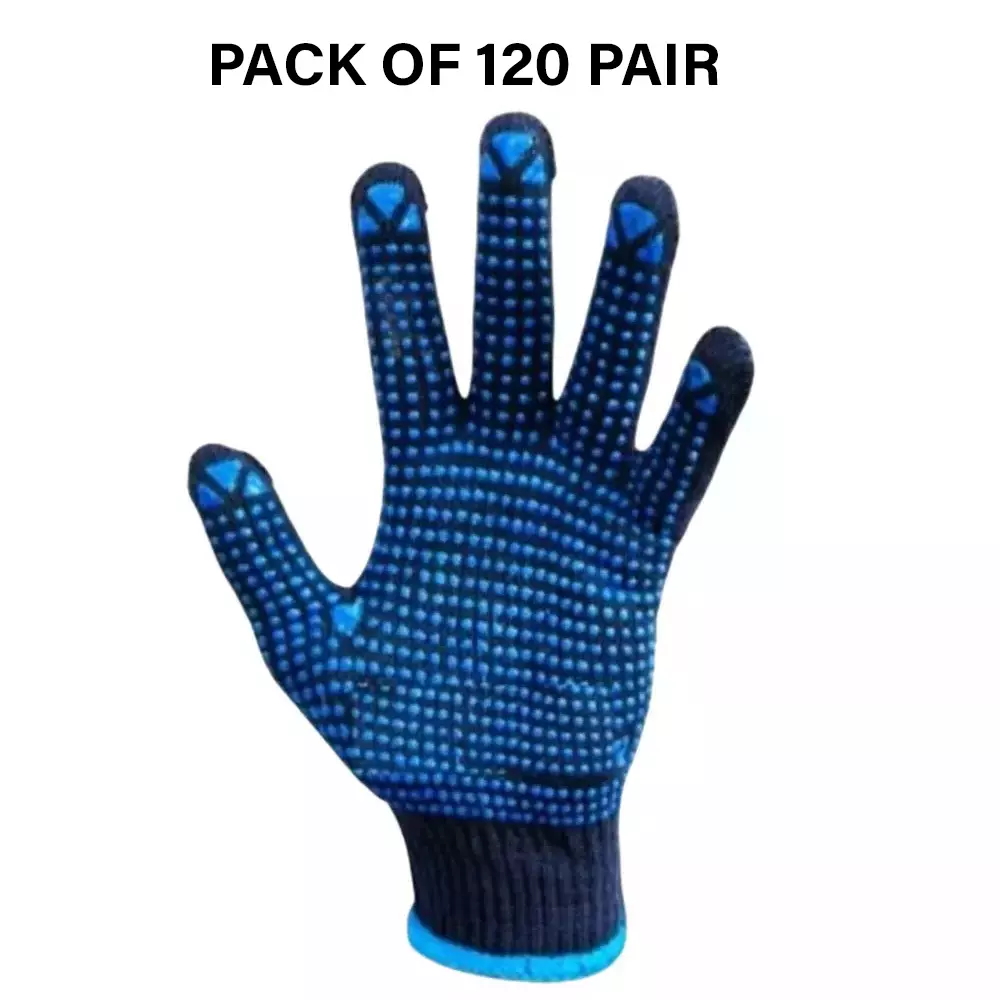 Swavind Safety Hand Gloves Blue Cotton Fabric with PVC Dotted Palm Free Size (Pack of 120 Pair)