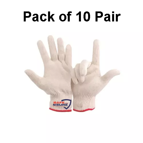 Safe N Sure Cotton Knitted Hand Gloves 254 mm (10 inch) Knitted Pattern Full Fingered Blue, SKG 20 (Pack of 10 Pair)