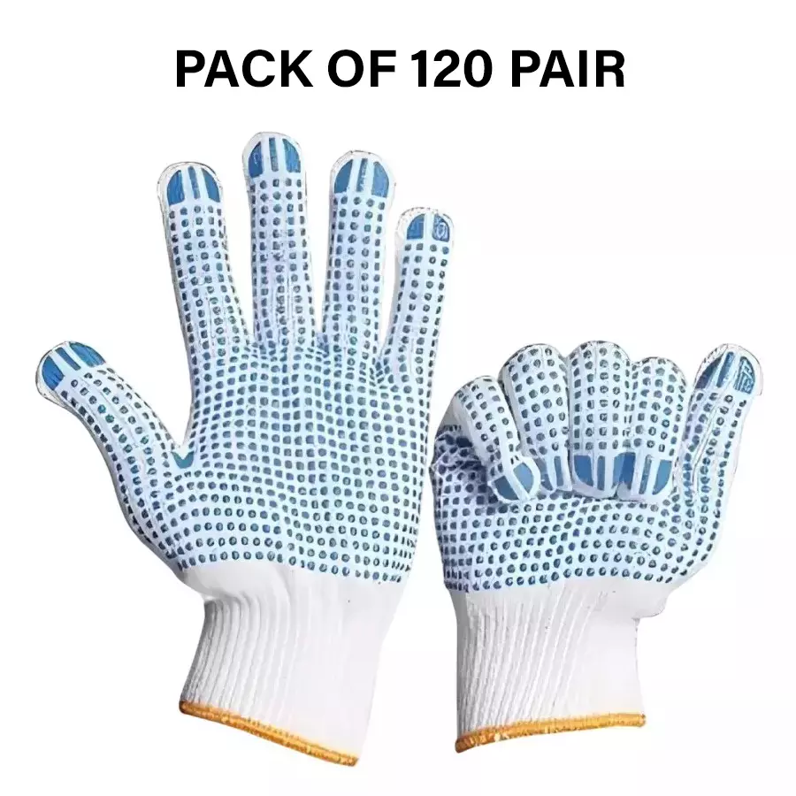 Swavind Safety Hand Gloves White Cotton with PVC Dotted Palm Free Size (Pack of 120 Pair)
