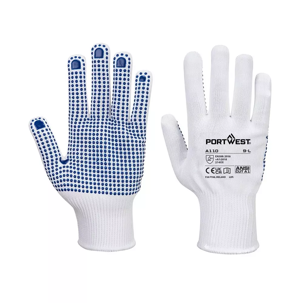 Portwest Polka Palm Dotted Hand Glove White & Blue Knitted Liner M Size Polyester, Elastic & PVC Full Fingered for Industrial Use, A110WBRM