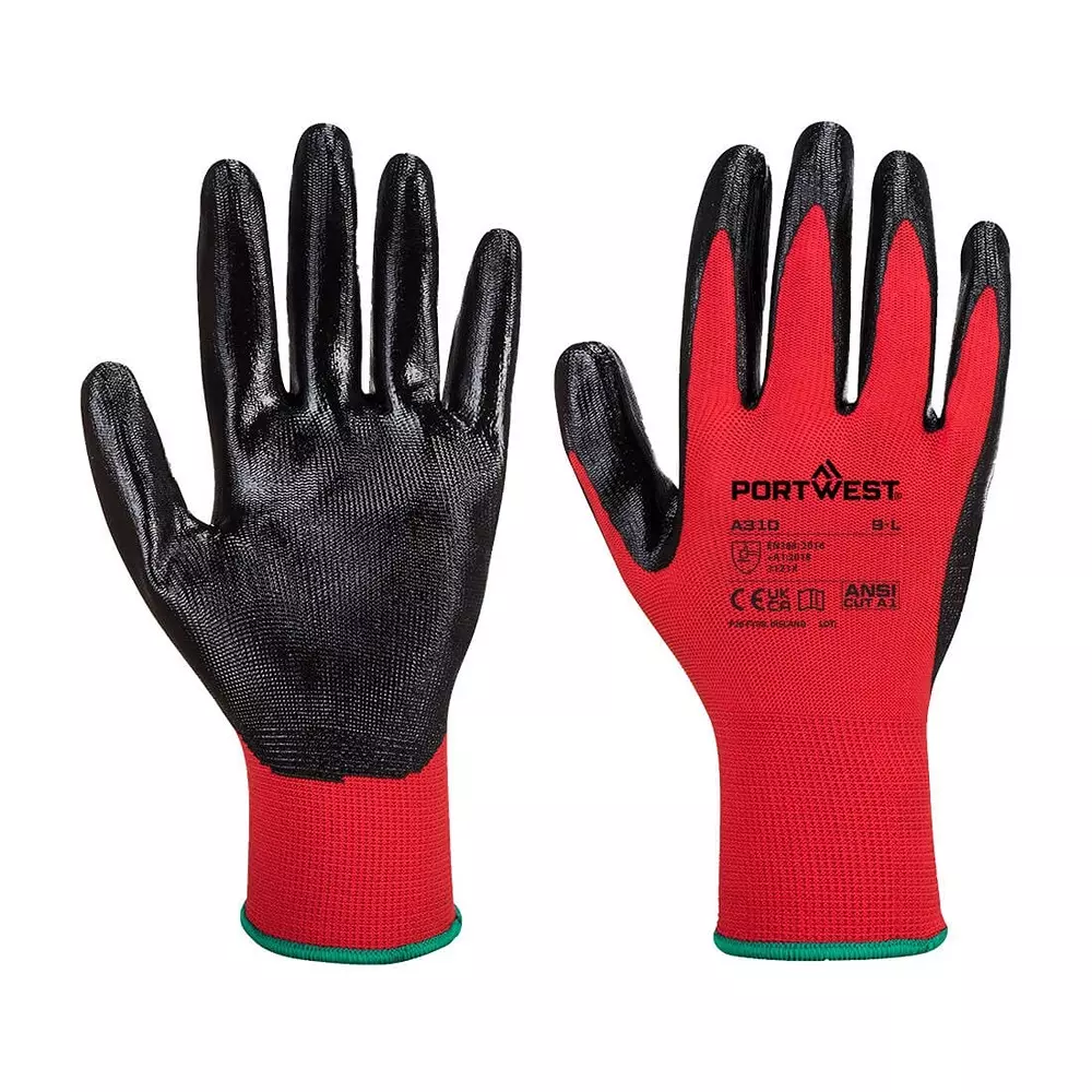 Portwest Hand Glove Red 13 Gauge Liner XL Size Polyester, Elastic, Nitrile Full Fingered for Industrial Use, A310R8RXL