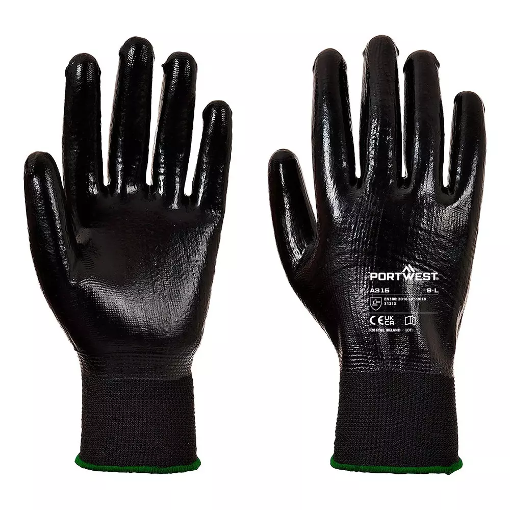 Portwest All-Flex Grip Hand Glove Black 13 Gauge Polycotton Blend Liner L Size Pylon, Nitrile Full Fingered for Industrial Use, A315K8RL