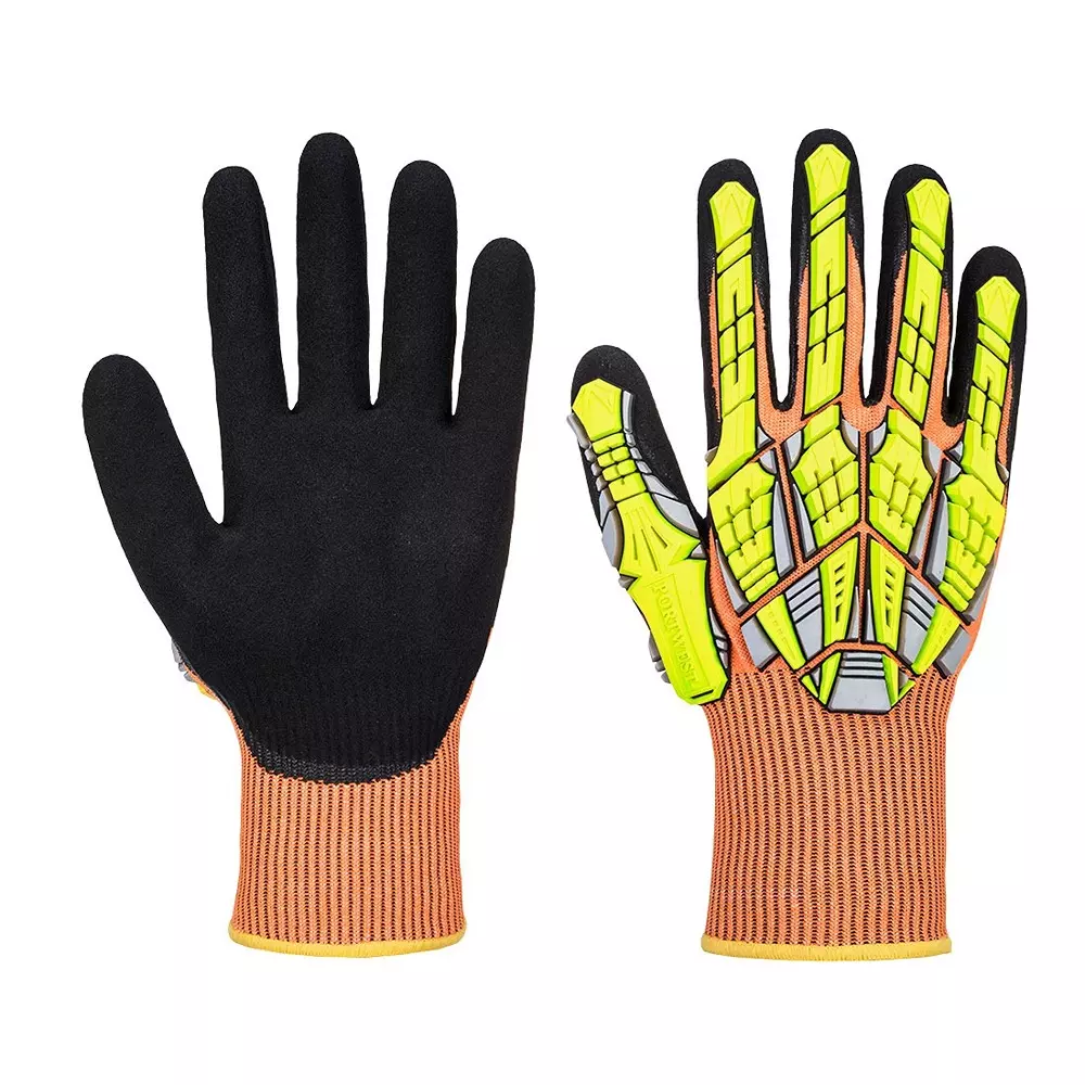 Portwest Impact Hand Glove Orange M Size HPPE, Elastane, Glass Fibre, Elastic, Nitrile Sandy, TPR Full Fingered for Industrial Use, A727ORRM