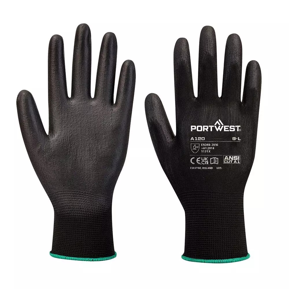 Portwest Silicone Free Palm Hand Glove Black 13 Gauge Liner M Size Polyester, Elastic, PU Full Fingered for Industrial Use, A120BKRM