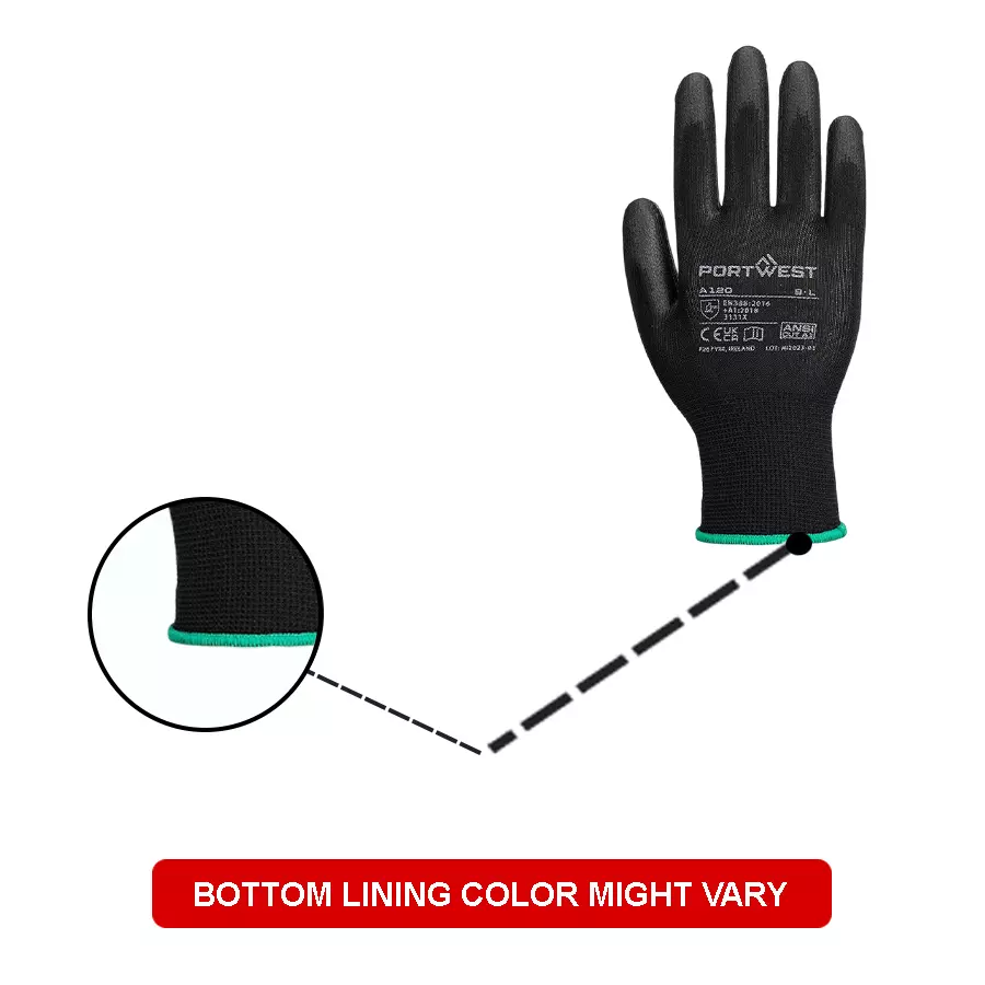 portwest-silicone-free-palm-hand-glove-black-13-gauge-liner-m-size-polyester-elastic-pu-full-fingered-for-industrial-use-a120bkrm