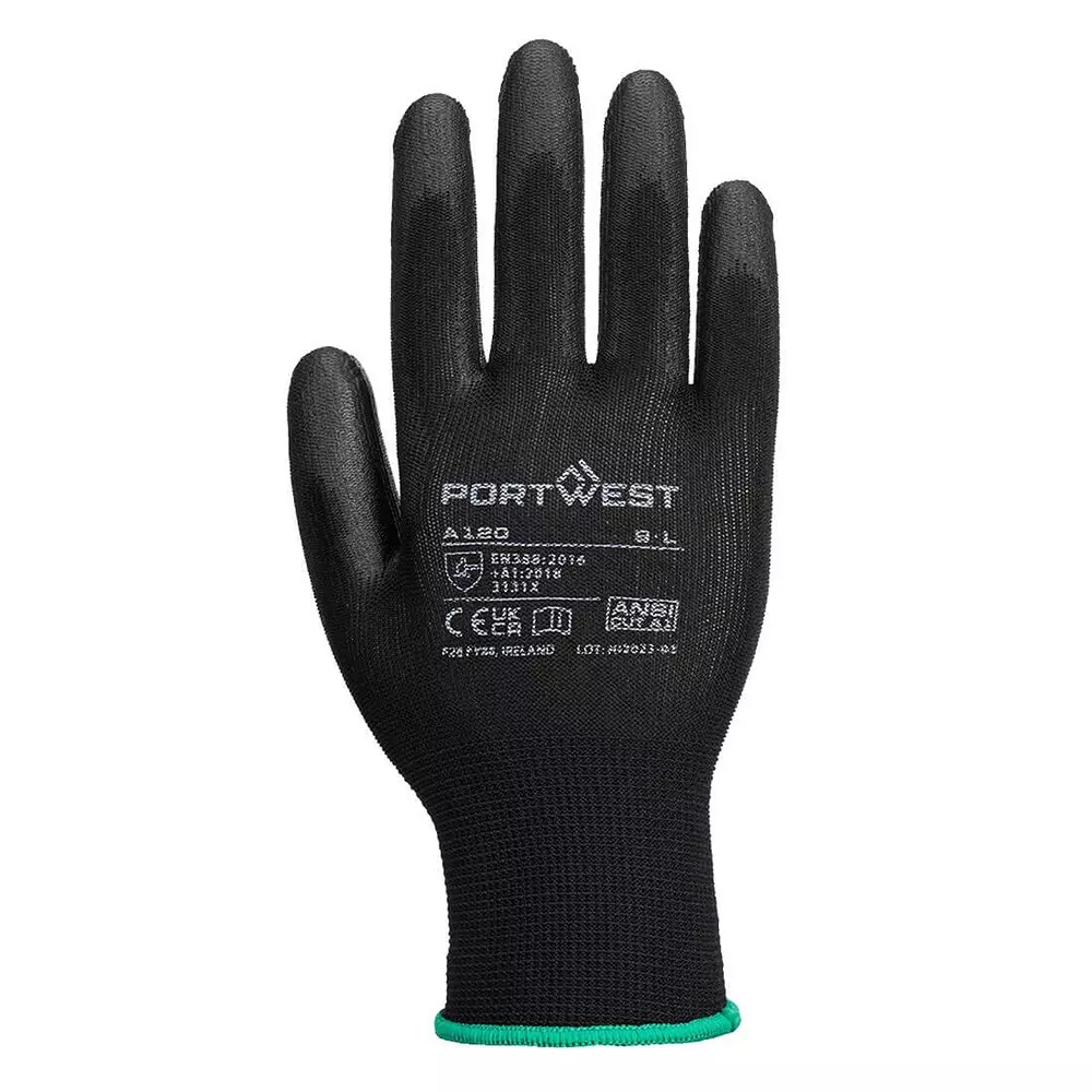 portwest-silicone-free-palm-hand-glove-black-13-gauge-liner-m-size-polyester-elastic-pu-full-fingered-for-industrial-use-a120bkrm