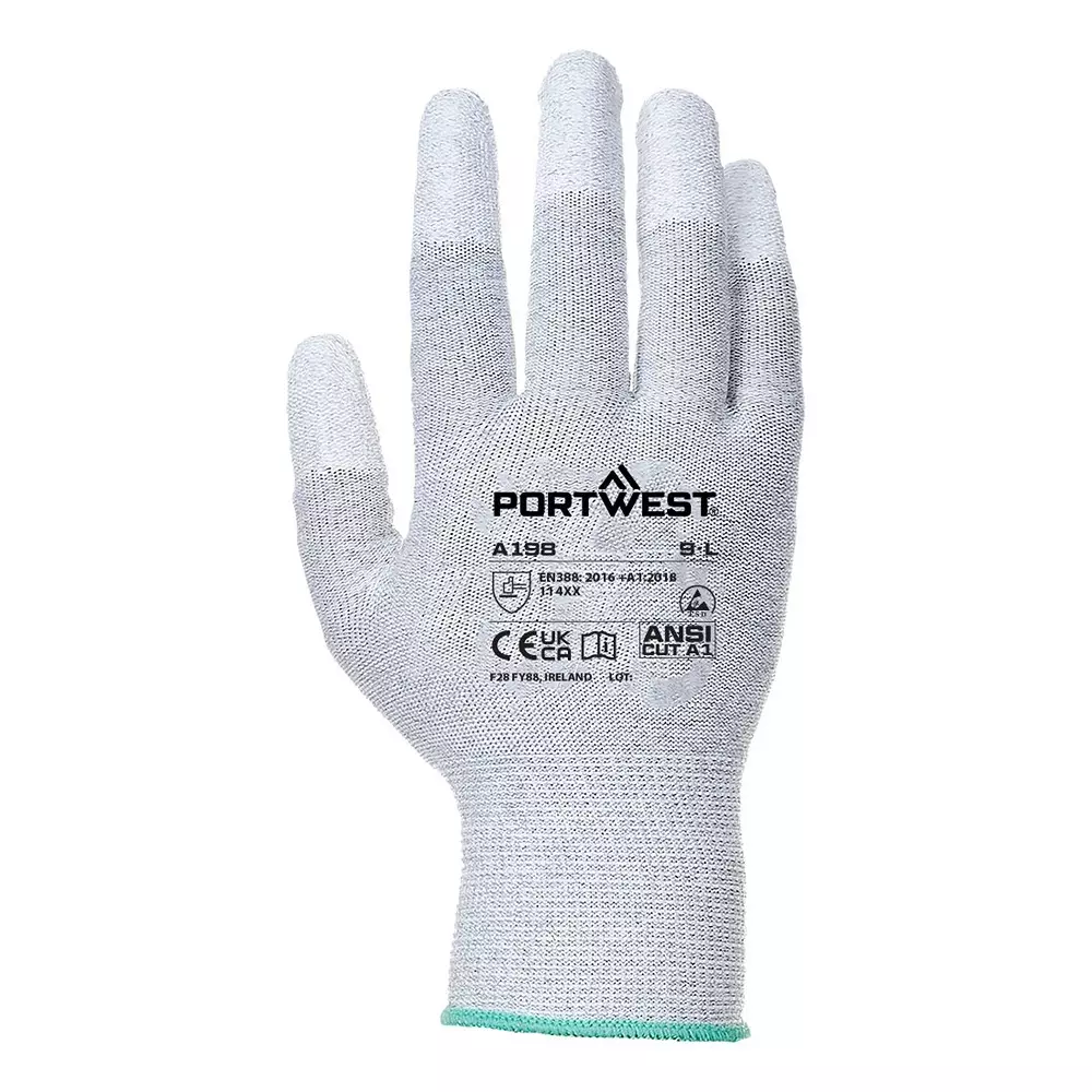 portwest-fingertip-hand-glove-grey-13-gauge-liner-l-size-polyester-carbon-fibre-elastic-polyurethane-full-fingered-for-industrial-use-a198grrl
