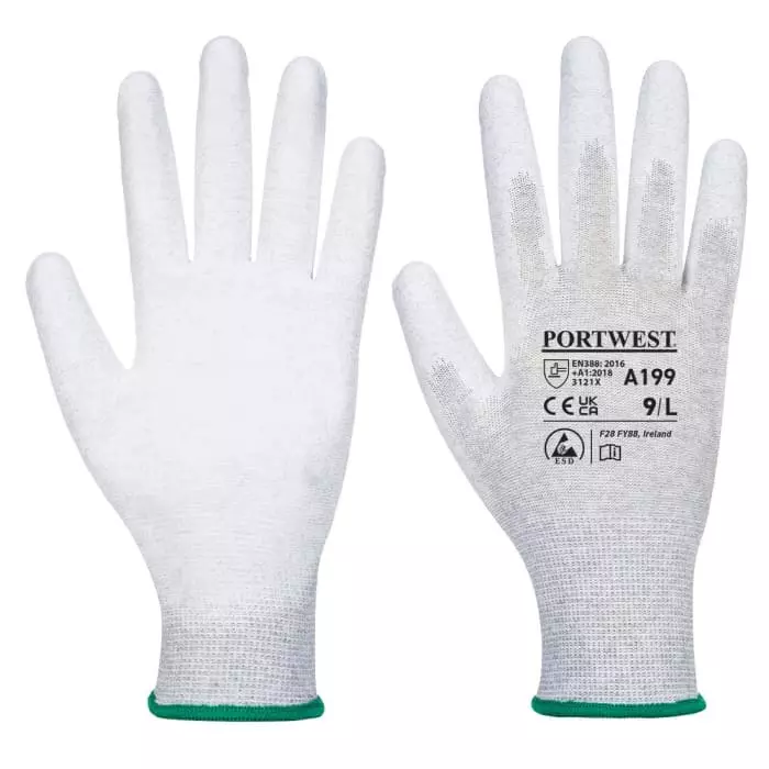 Portwest Hand Glove Grey 13 Gauge Liner S Size Elastic, Polyurethane, Carbon Fibre, Polyester Full Fingered for Industrial Use, A199GRRS