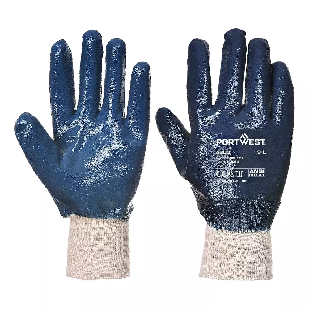Portwest Knitwrist Hand Glove Navy Blue 12 Gauge Liner M Size Nitrile Full Fingered for Industrial Use, A300NARM