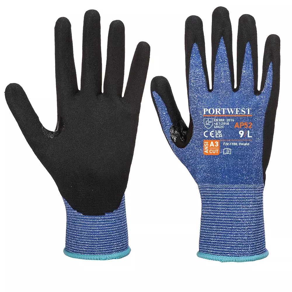 Portwest Hand Gloves Blue & Black M Regular Fit Full Fingered for Industrial Use, AP52B8RM