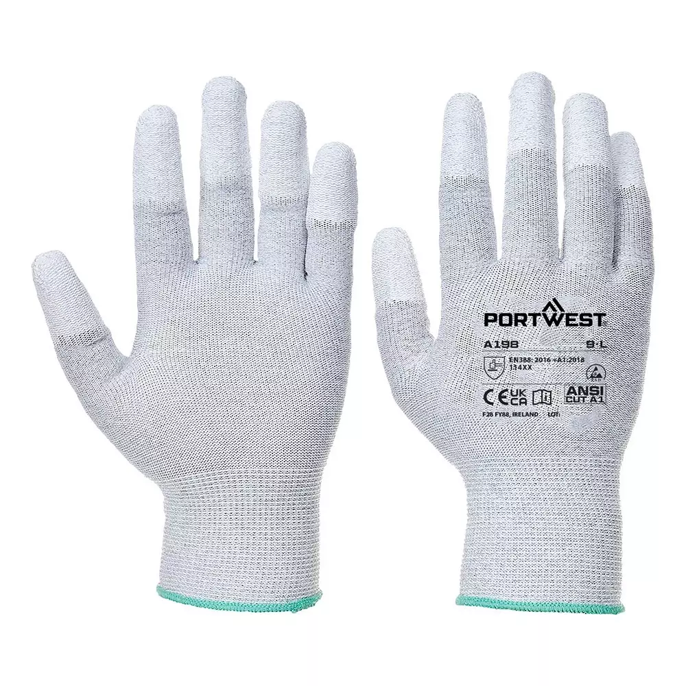 Portwest Fingertip Hand Glove Grey 13 Gauge Liner S Size Polyester, Carbon Fibre, Elastic, Polyurethane Full Fingered for Industrial Use, A198GRRS