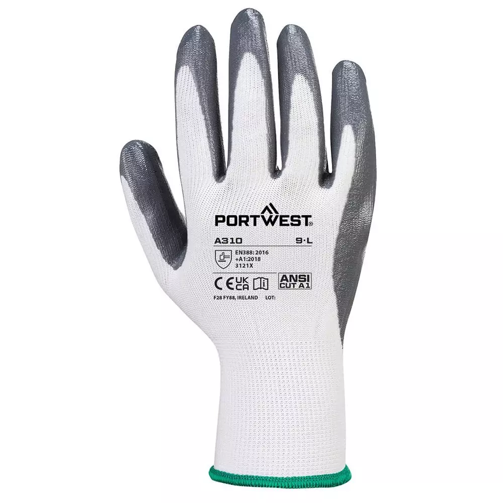 portwest-hand-glove-grey-white-13-gauge-liner-m-size-polyester-elastic-nitrile-full-fingered-for-industrial-use-a310grwm