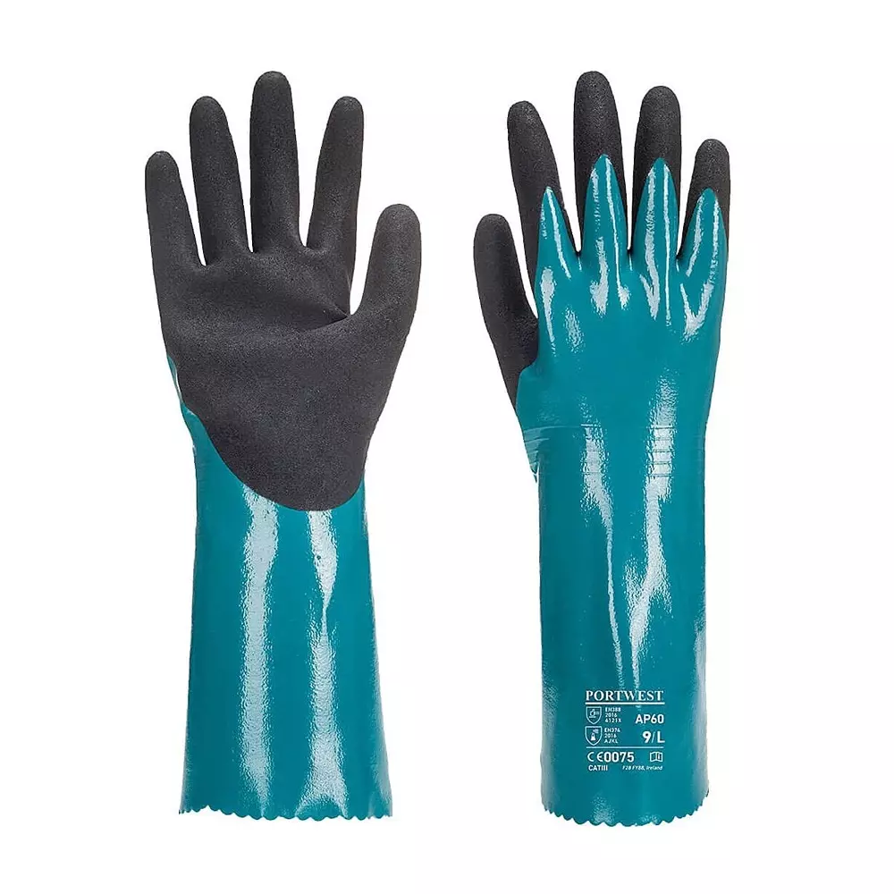 Portwest Chemical Resistant Hand Gloves Blue & Black L Regular Fit Full Fingered for Industrial Use, AP60B8RL