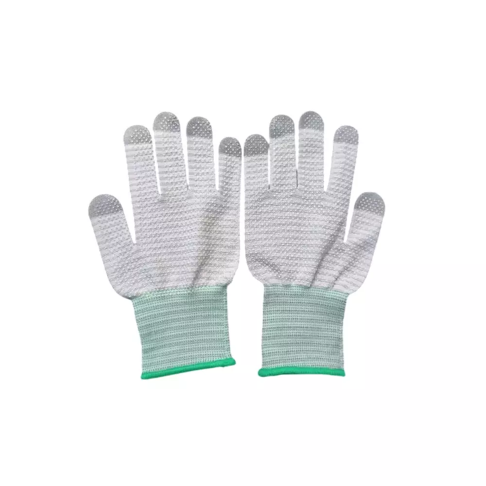 GLOBALSS Full Fingered ESD Dotted Gloves PU Green & Grey Medium