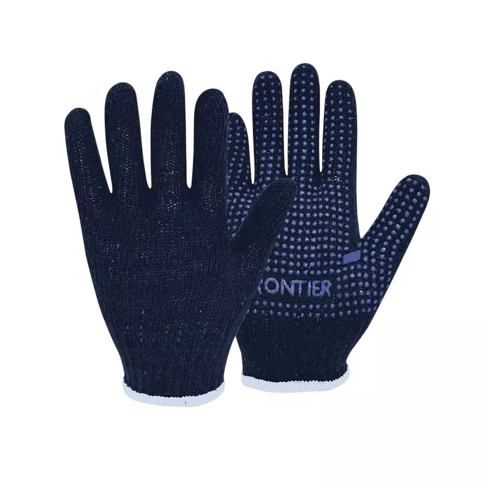 Frontier Safety Hand Gloves PVC Regular Size Cotton Knitted Design Black (Pack of 20 Pair) FT605