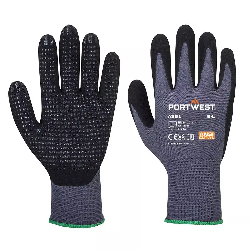 Portwest Sandy Dotted Hand Glove Grey & Black S Size Nylon, Elastane, Polyester, Nitrile Sandy Full Fingered for Industrial Use, A351G8RS