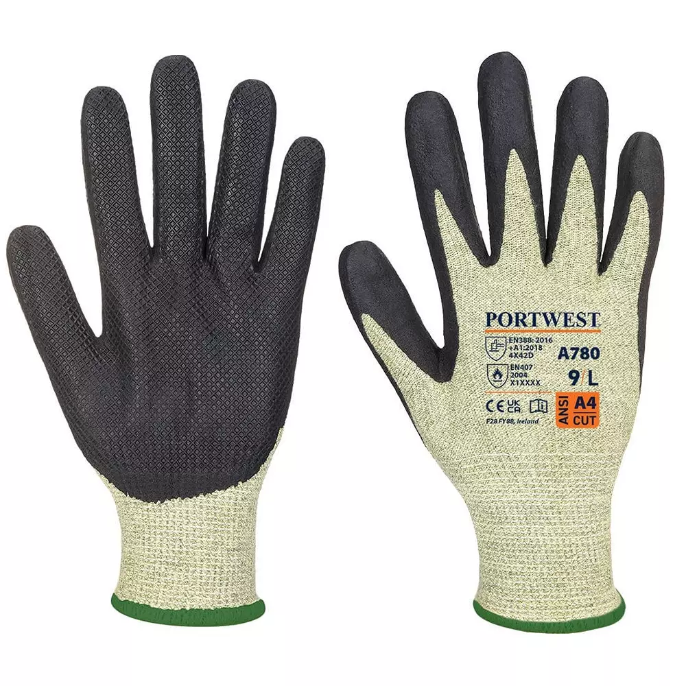 Portwest FR Arc Cut D13 Level 2 Hand Glove Black & Green L Size Aramid, Glass Fibre, Neoprene Full Fingered for Industrial Use, A780E8RL